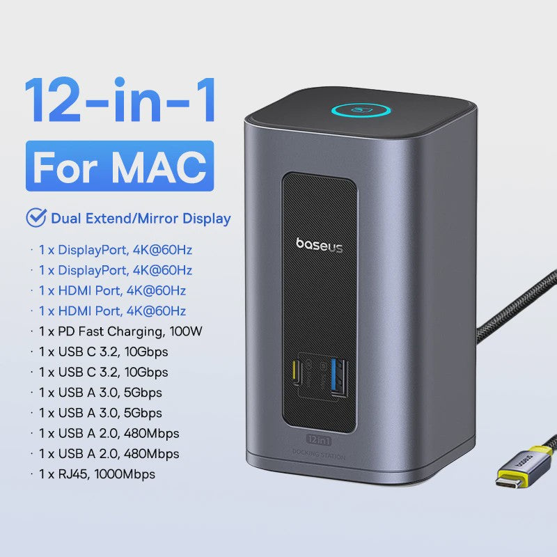 Baseus 15-in-1 USB-C Docking Station: 160W PD, 4K@120Hz HDMI, 25W Draadloze Charger & 180W GaN Adapter