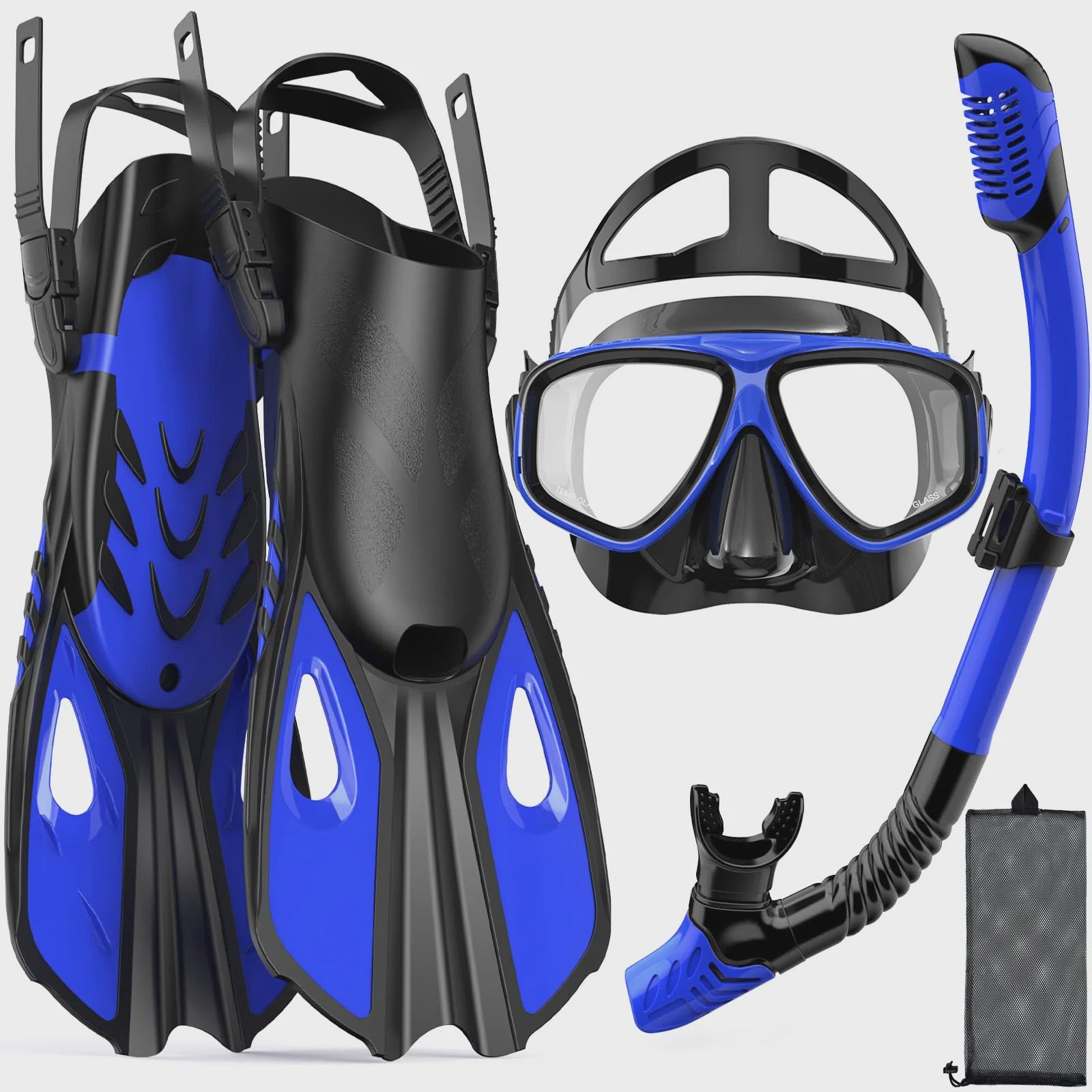 Complete snorkelset voor volwassenen: masker, snorkel, flippers en tas