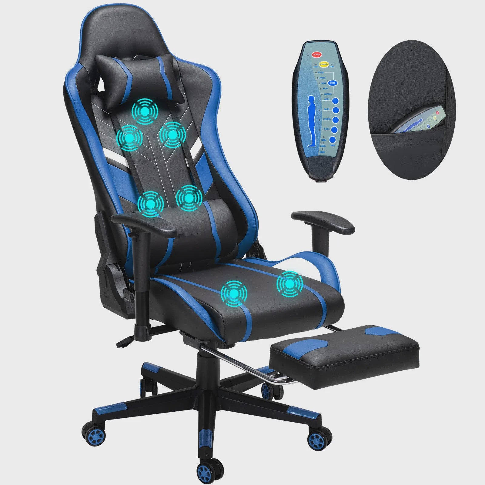 Ergonomische Massage Gaming Stoel met Voetensteun en Lendensteun - Verstelbaar