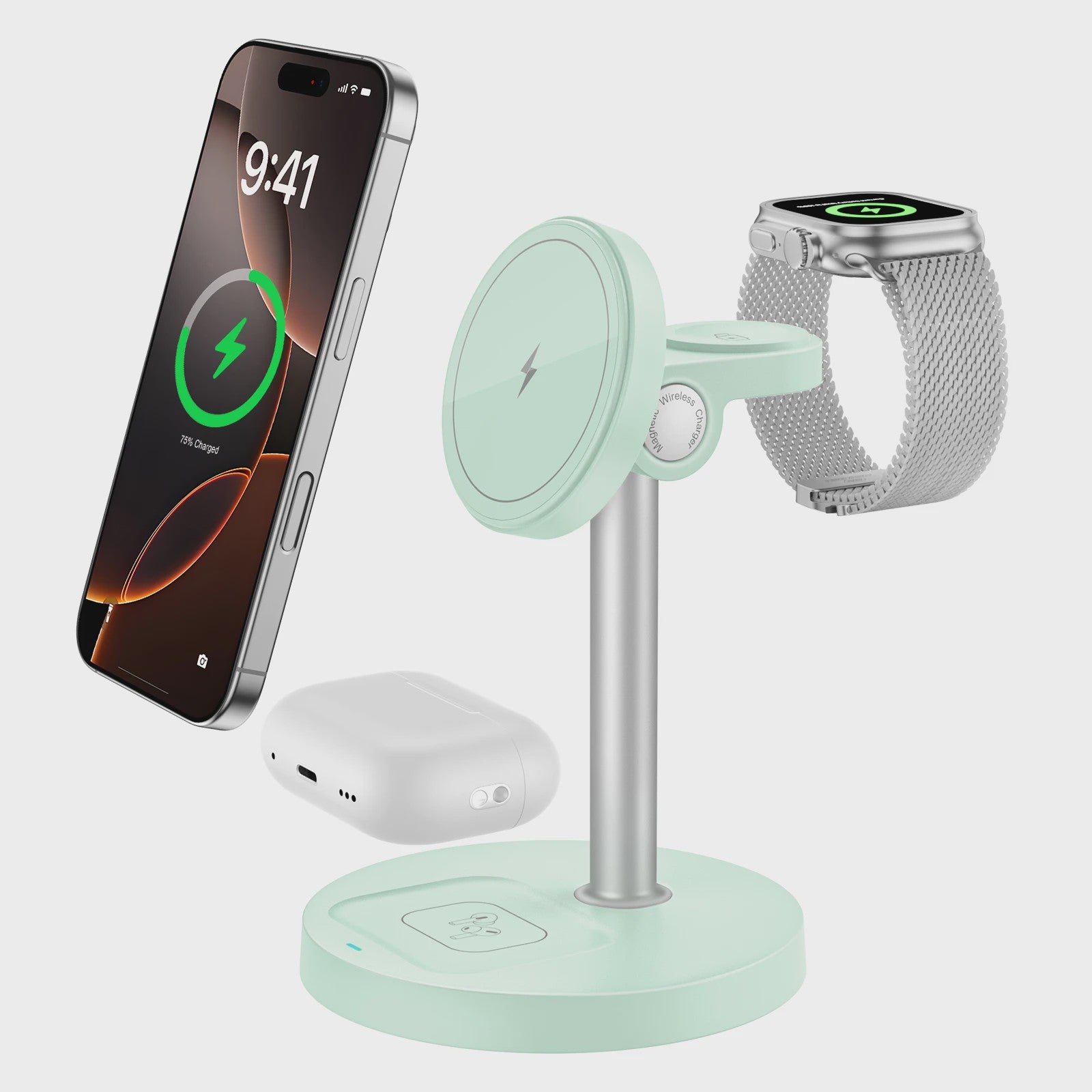 3-in-1 Magnetische Draadloze Oplader Stand voor iPhone, Apple Watch & AirPods - 15W Fast Charge