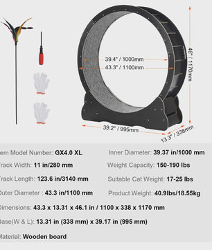 Houten Katten Loopwiel XL - Grote Kattenmolen voor Binnen met Afneembaar Tapijt & Kattenhengel