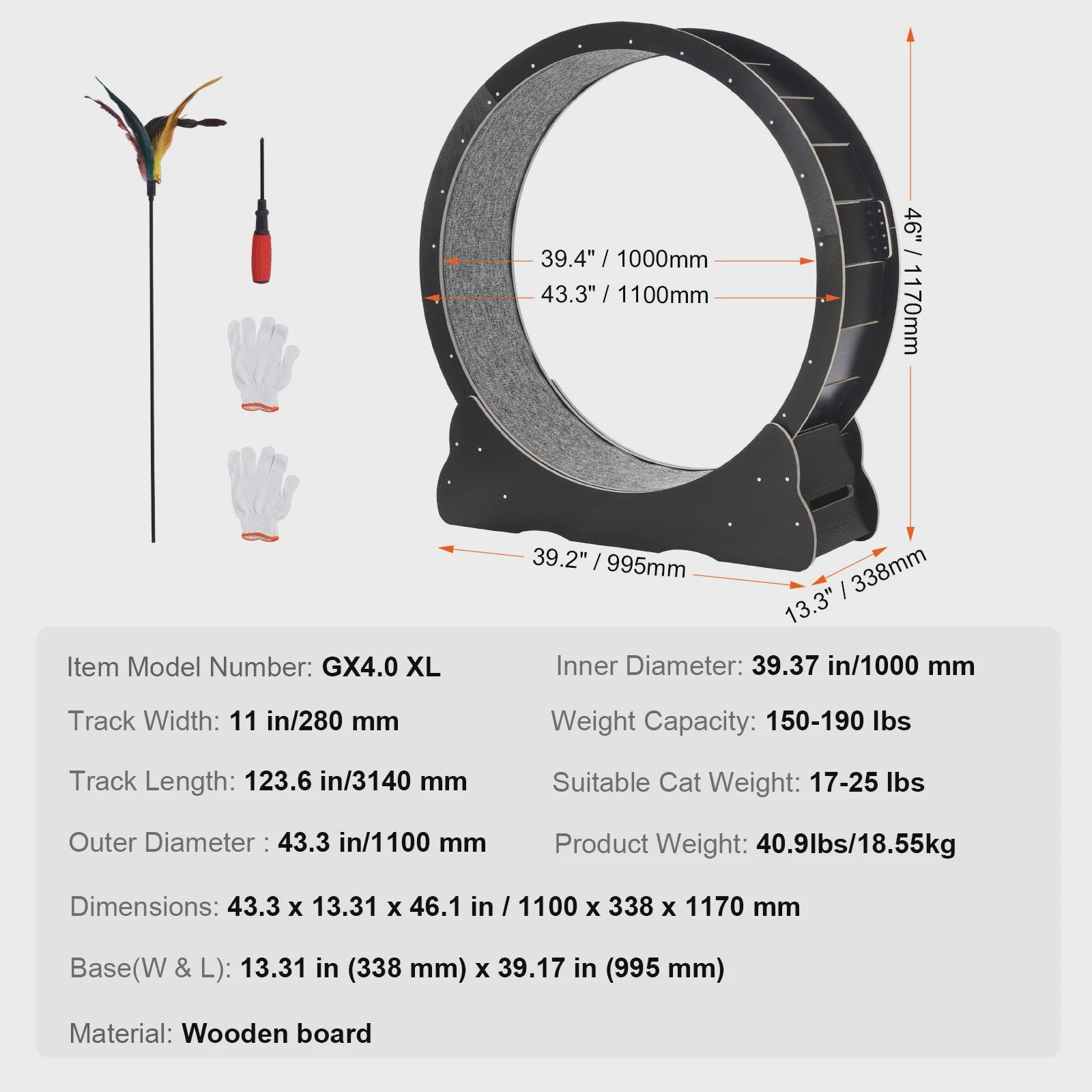 Houten Katten Loopwiel XL - Grote Kattenmolen voor Binnen met Afneembaar Tapijt & Kattenhengel