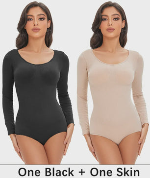 POKARLA Spandex Elastic Body Suit Shapewear Women Body Shaper Tummy Control Long Sleeve Open Crotch Round Neck Seamless Shapers
