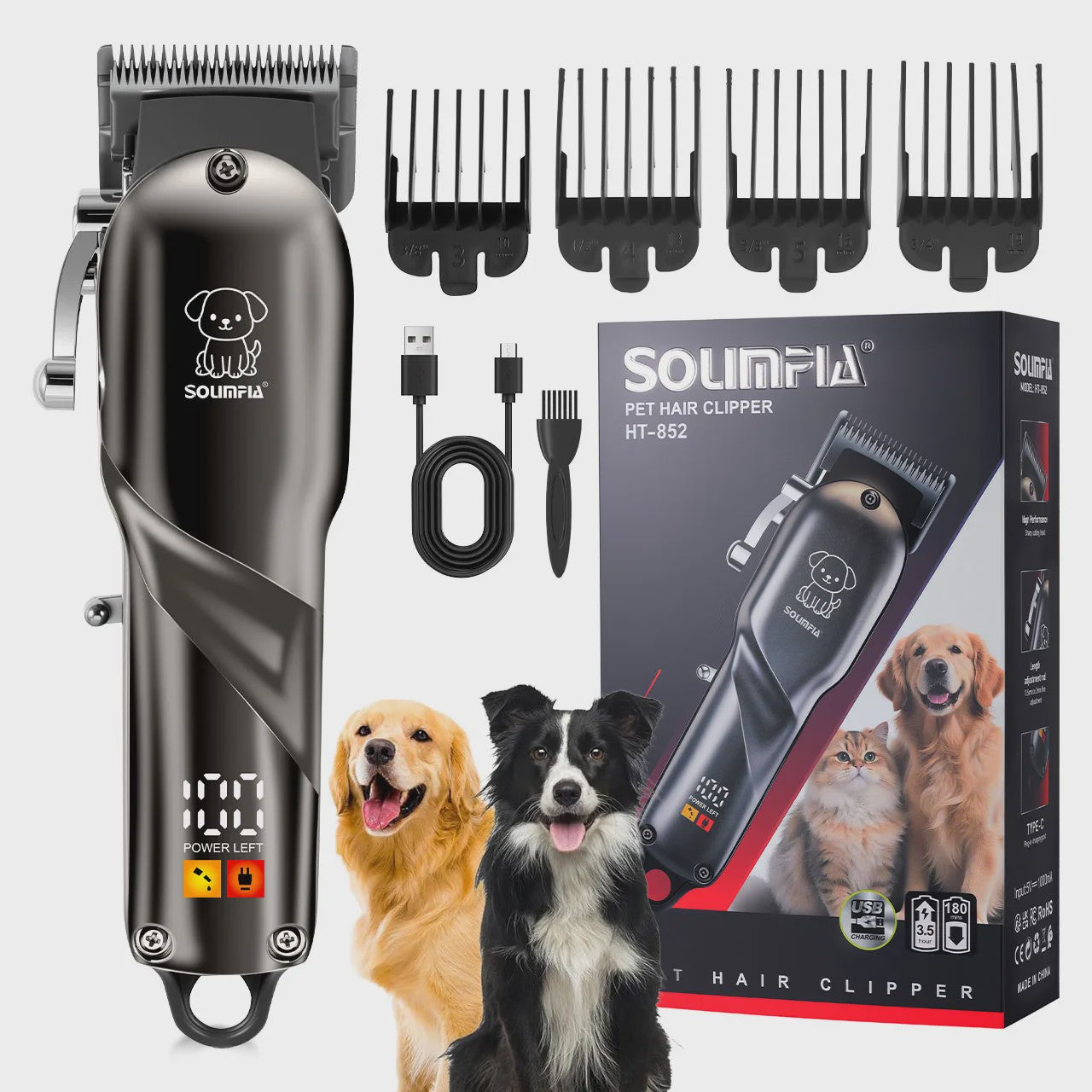 Solimpia Professionele Hond & Kat Trimmer - Krachtige 6500RPM Motor, USB Oplaadbaar, 180 Min Gebruikstijd, Stille Werking