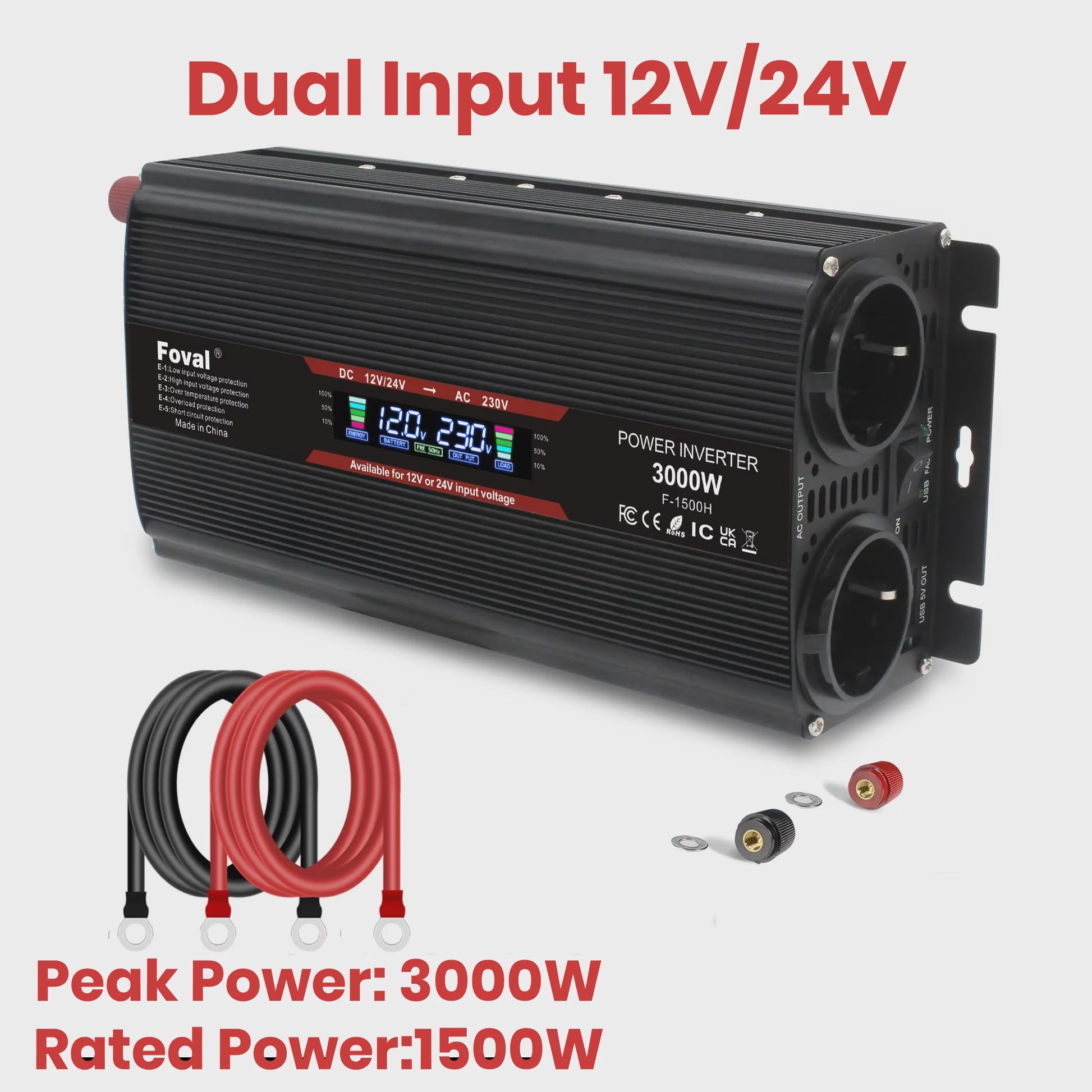 Krachtige 1500W-3000W Auto Omvormer (DC12V/24V naar AC230V) met LCD, USB & EU-stopcontact