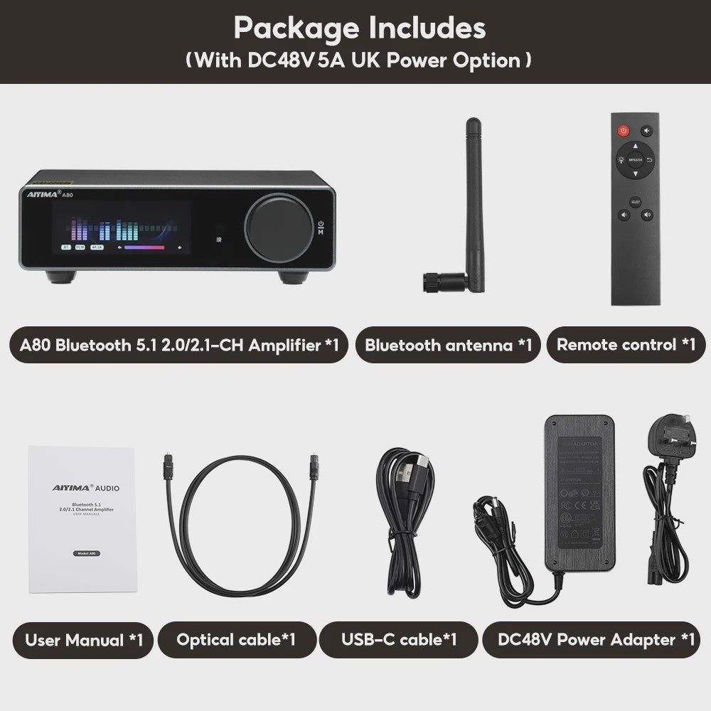AIYIMA A80 Krachtige Stereo Power Versterker met DAC & Bluetooth (2x300W, Class D)