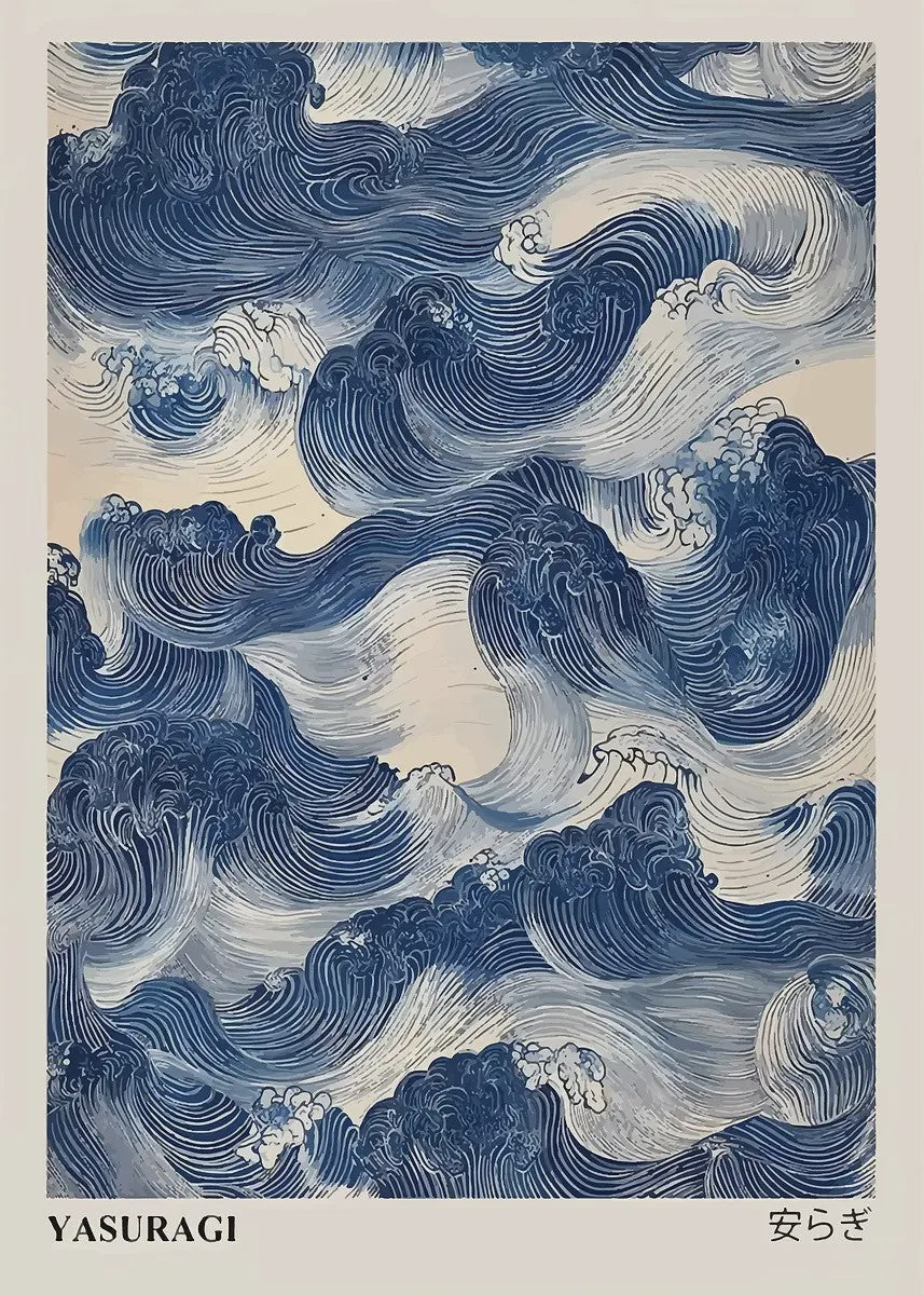 Abstracte Blauwe Golven Canvas Poster - Japandi Zen Stijl Wanddecoratie