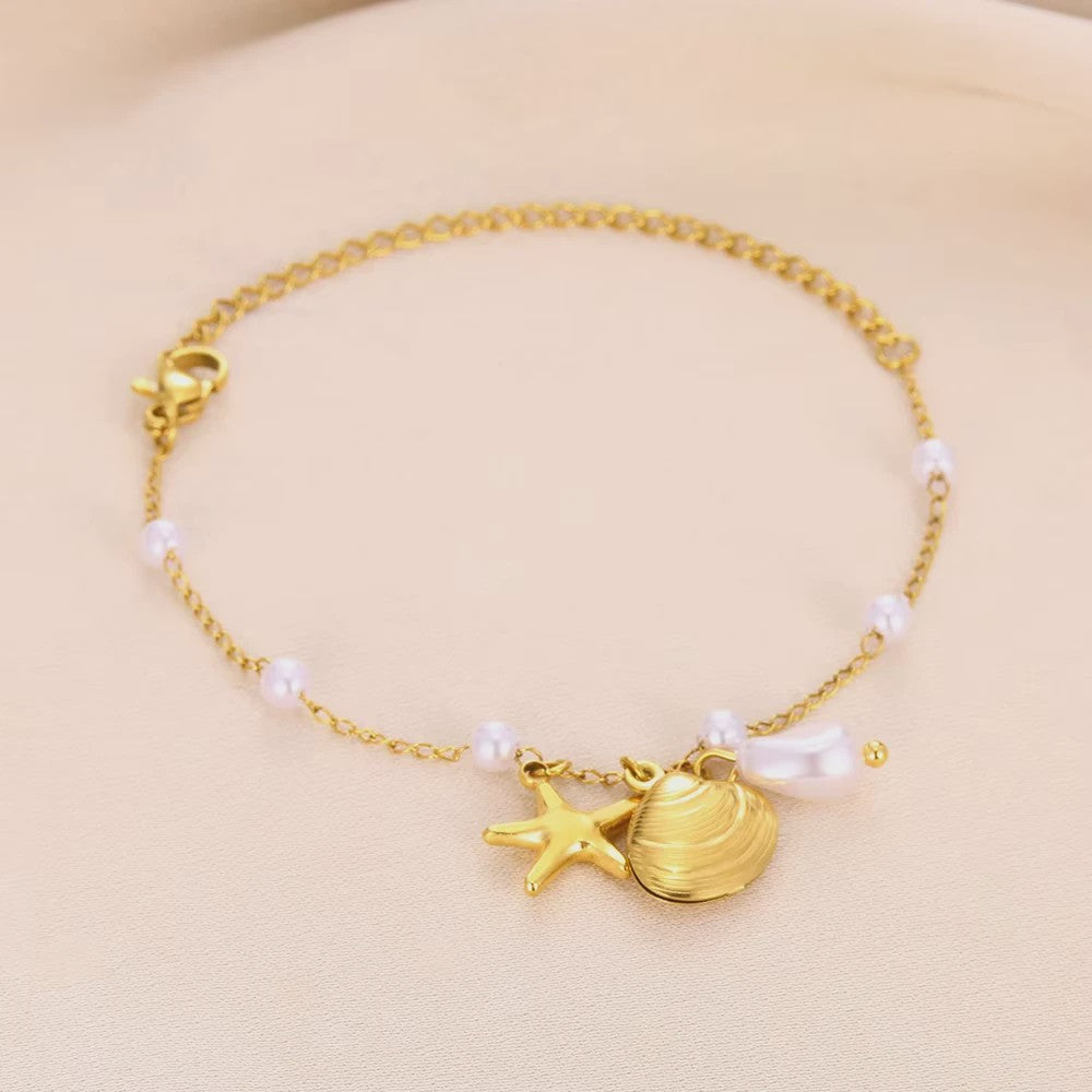 Gouden Anklet met Kralen en Bedels - Roestvrij Staal - Zomerse Strandjuwelen