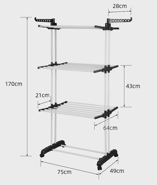 3-Laags Kledingrek op Wielen - Dubbele Stang, Opvouwbaar Droogrek voor Binnen & Buiten - 75x64x170cm