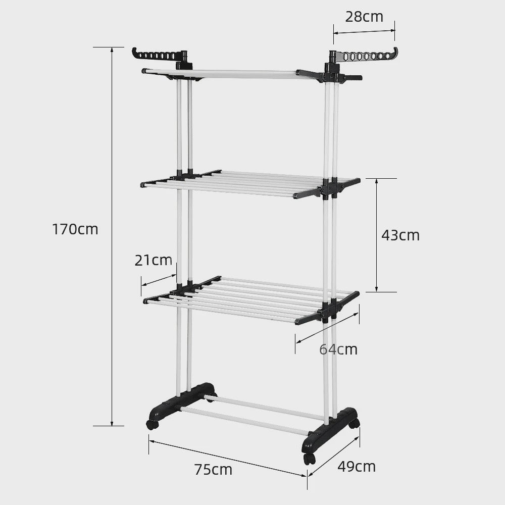 3-Laags Kledingrek op Wielen - Dubbele Stang, Opvouwbaar Droogrek voor Binnen & Buiten - 75x64x170cm