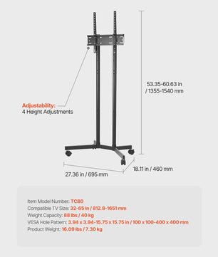 Mobiele TV Standaard met Wielen - Verrijdbaar TV Meubel voor Diverse TV Maten