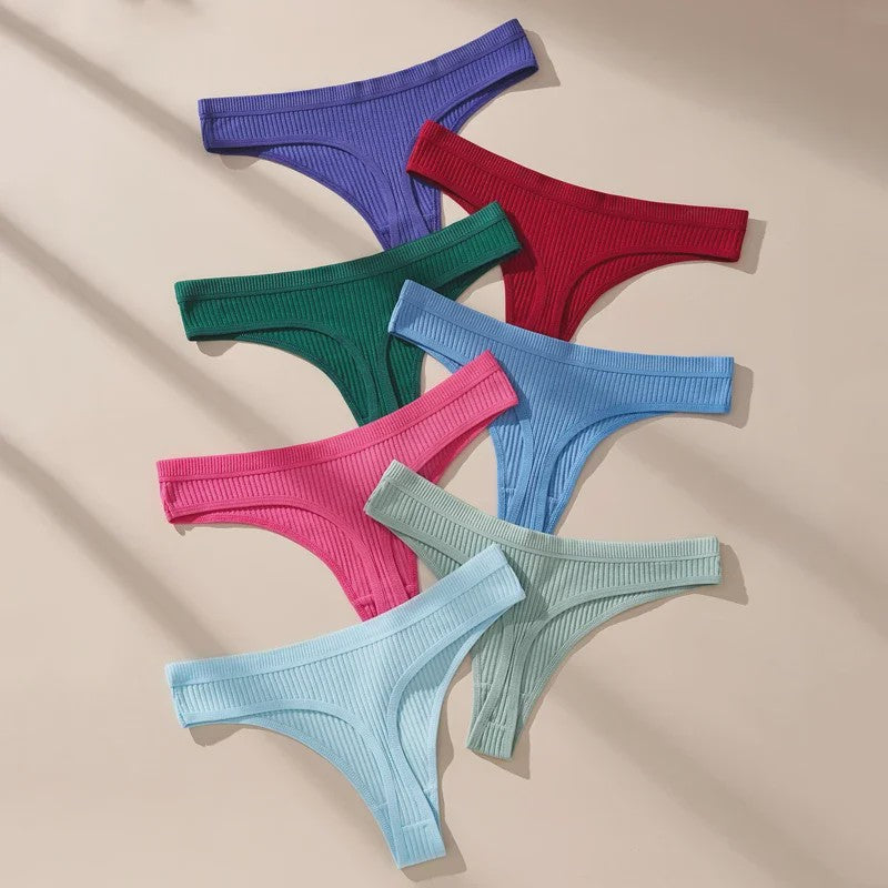 7-Delige Dames Katoen Strings Set - Zwart, Gestreept & Zacht - Comfortabele Tanga Ondergoed