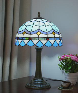 Vintage Gebrandschilderd Glas Tafellamp - Pauwstaart Stijl