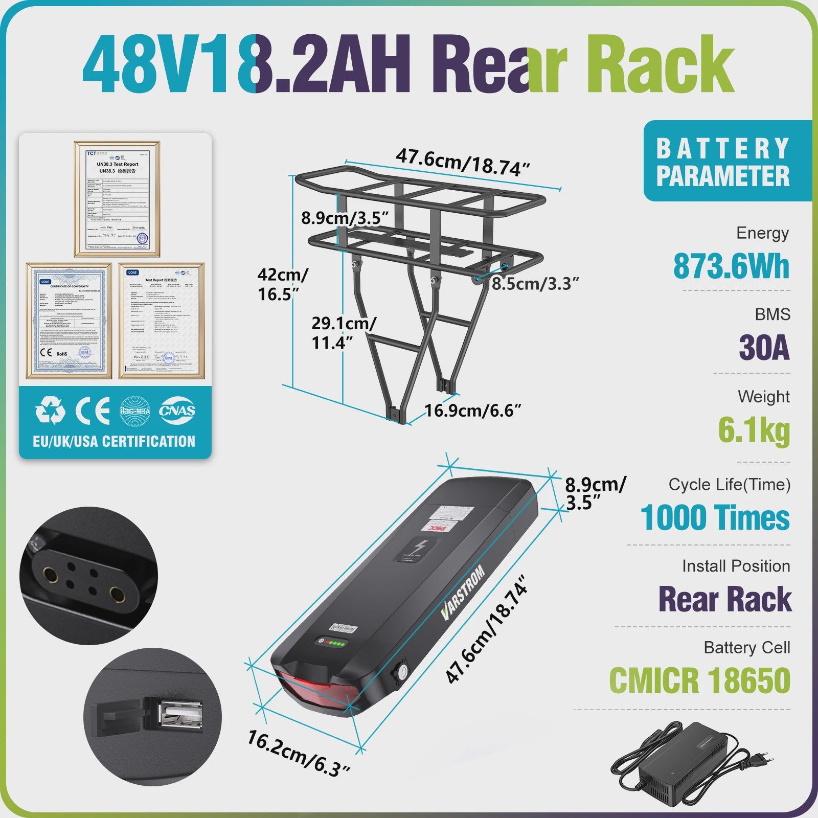 Varstrom E-bike Batterij 36V/48V/52V - Krachtige Lithium Accu met 40A BMS & Lange Levensduur
