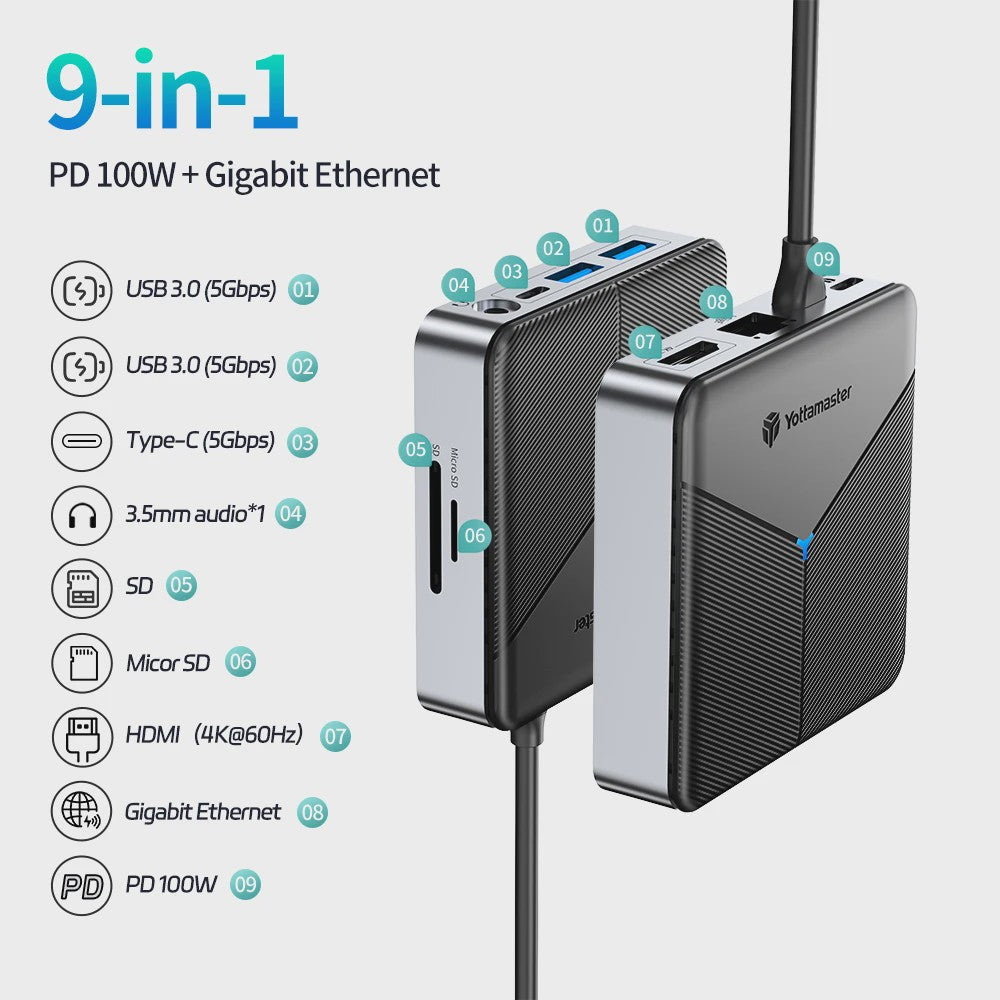 Yottamaster 8-in-1 USB-C Docking Station Hub met 100W PD, 4K@60Hz HDMI, RJ45, SD/TF Kaartlezer & Audio