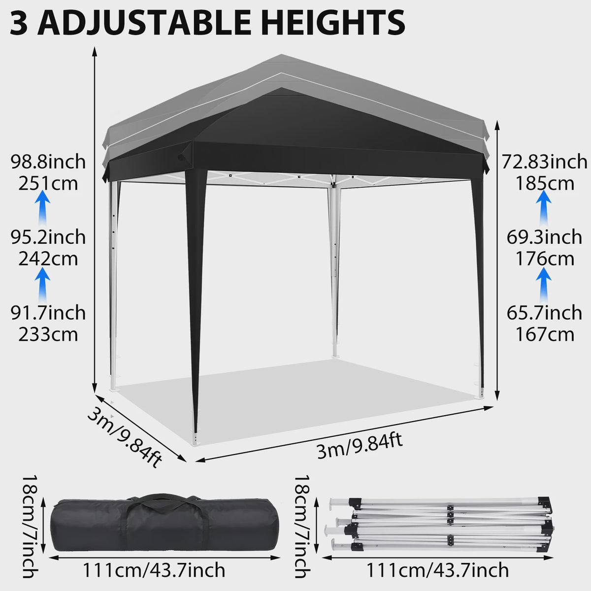 Pop-up Gazebo Tent 3x3M - UV & Regenbestendig, Verstelbare Hoogte, Inclusief Draagtas