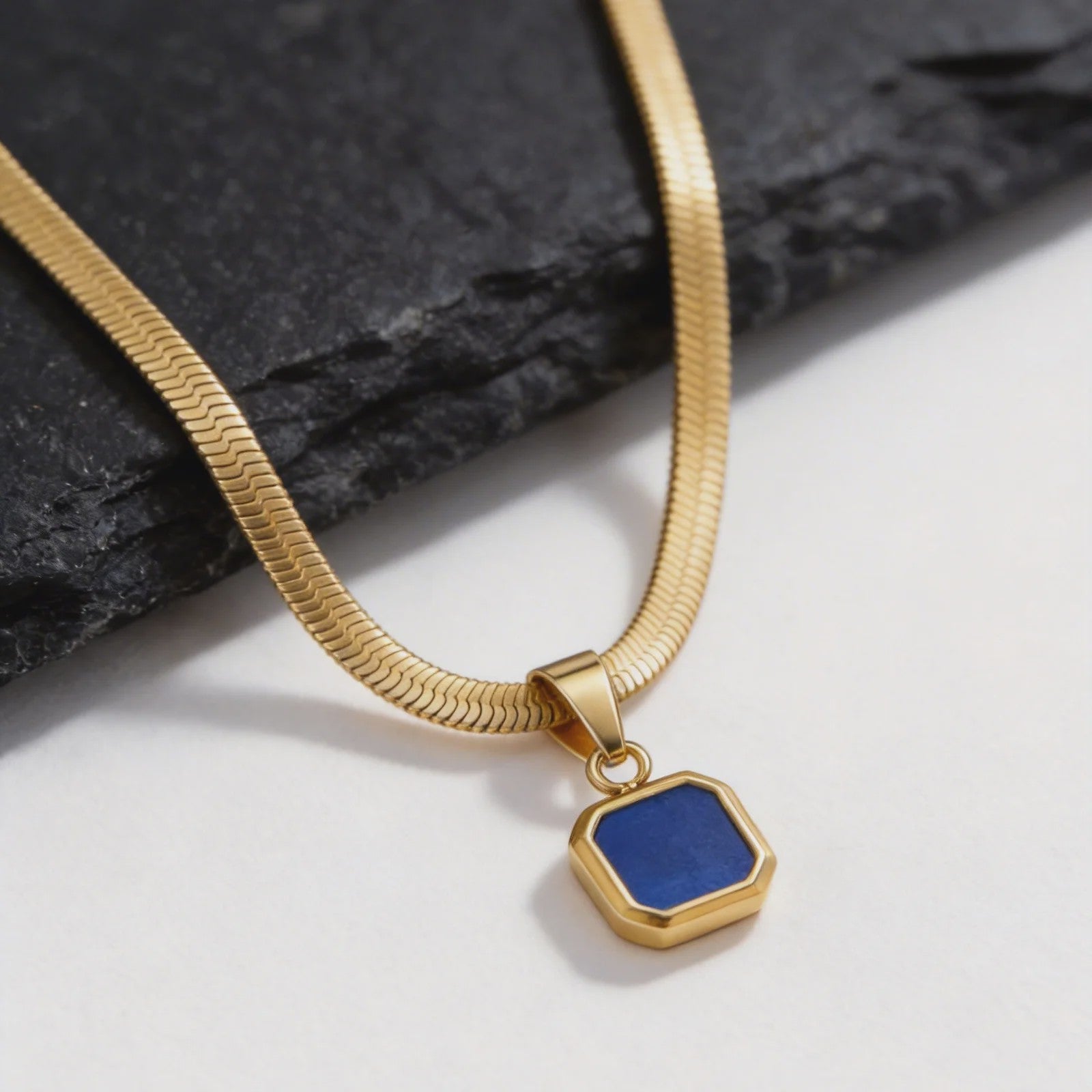 Vnox Heren Ketting met Geometrische Vierkante Natuursteen Hanger - Goud/Zilver Kleur Roestvrij Staal Blade Ketting
