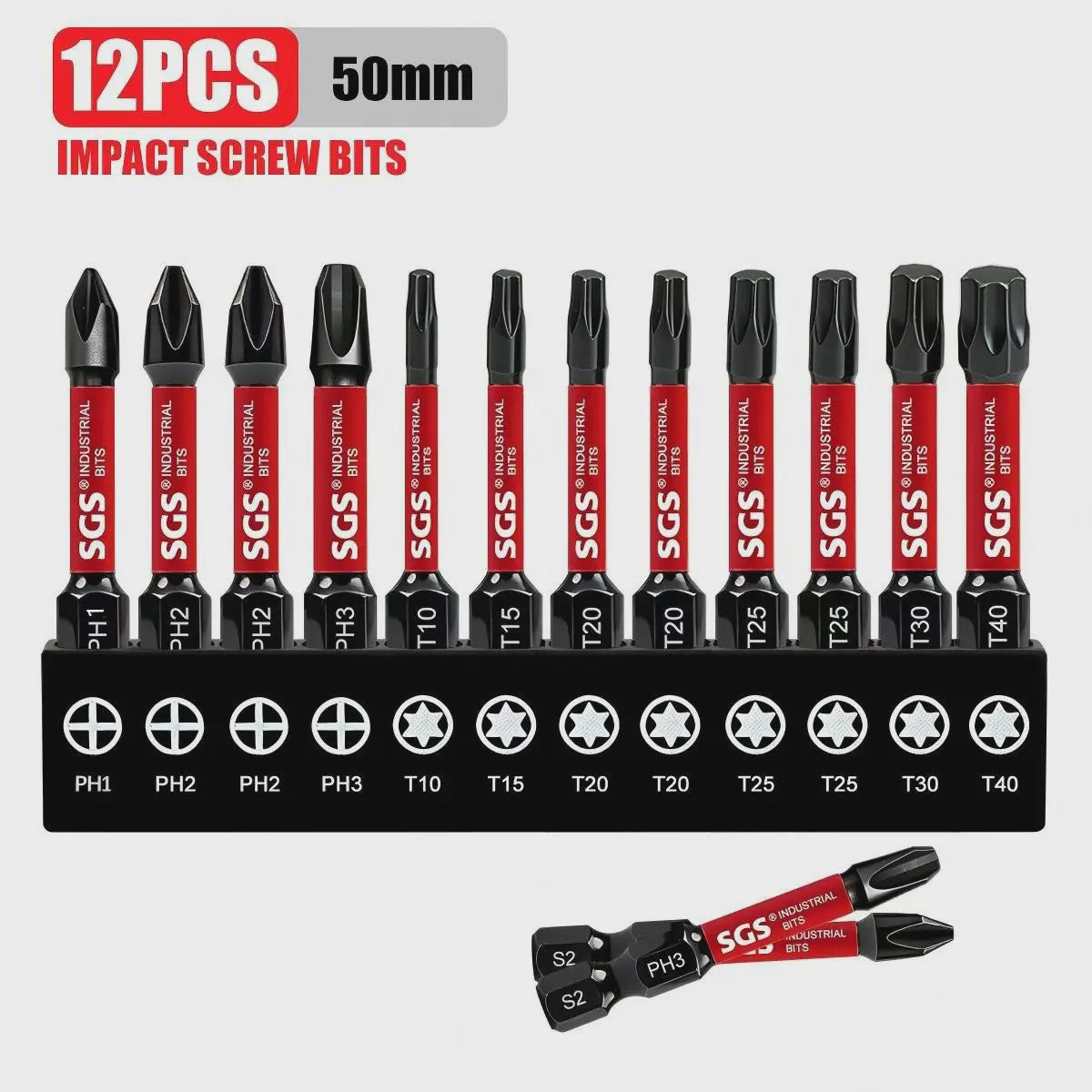 50mm Magnetische Schroefbit Set (10-delig) - S2 Staal - 1/4" Hex Shank