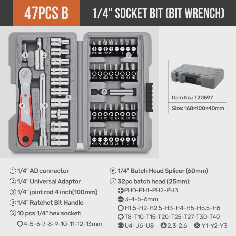 Hi-Spec 40-delige Ratel Socket Bit Set - 1/4" Drive Quick-Release, Cr-V Staal