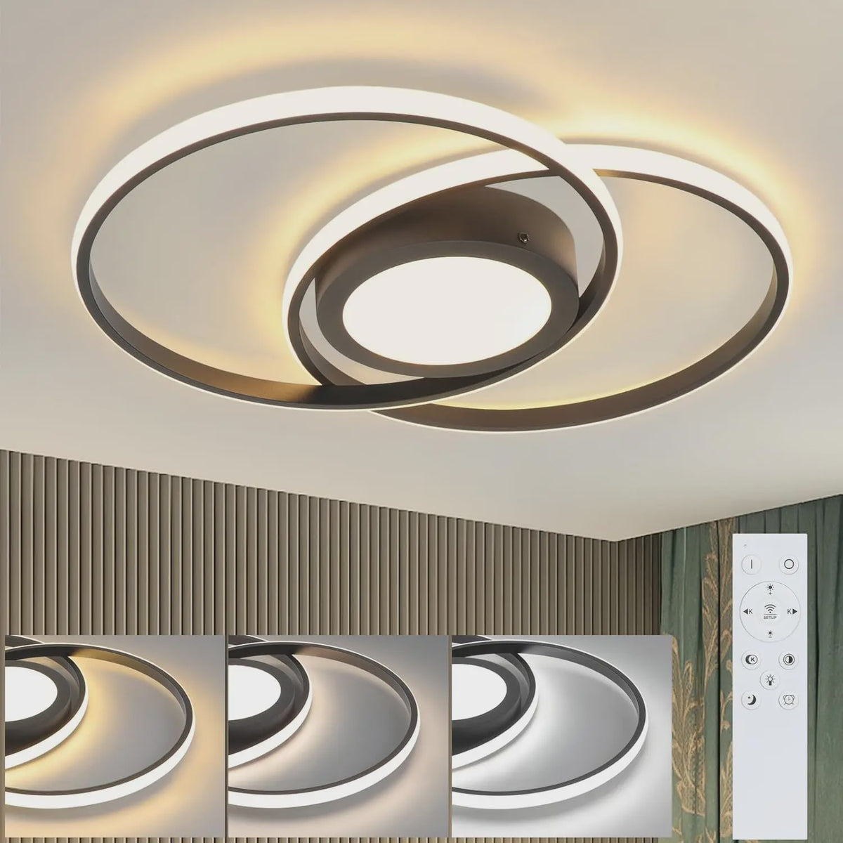 Moderne Zwarte LED Plafondlamp 48W Dimbare met Afstandsbediening & Kleurtemperatuur 3000K-6500K