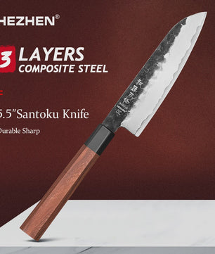 HEZHEN Keukenmes Set 4-delig - 3-laags Composiet Staal, Santoku & Nakiri