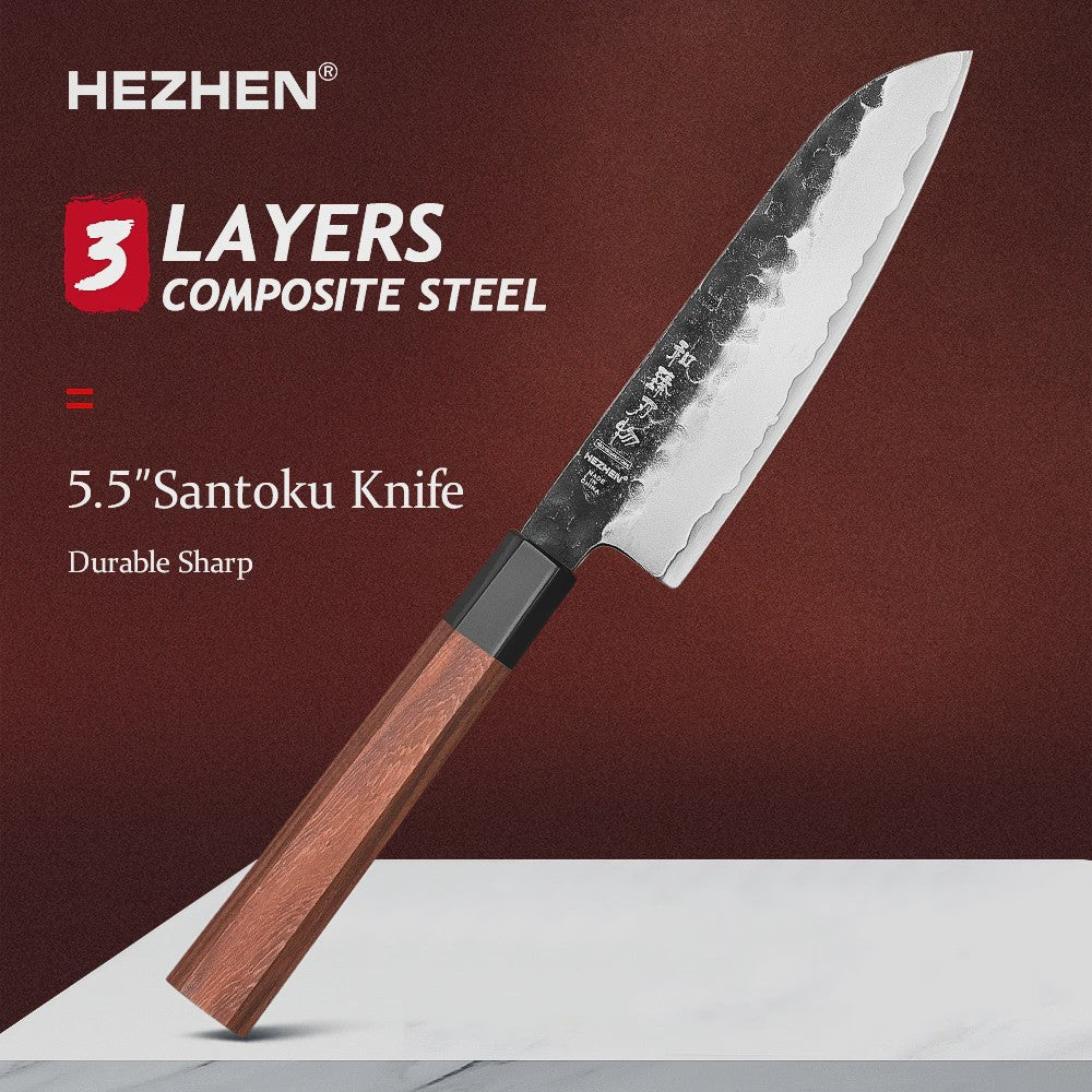 HEZHEN Keukenmes Set 4-delig - 3-laags Composiet Staal, Santoku & Nakiri