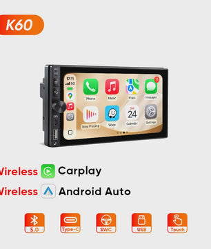 AINAVI K60 7-Inch Universele Autoradio met Draadloze CarPlay & Android Auto, Bluetooth, USB-C