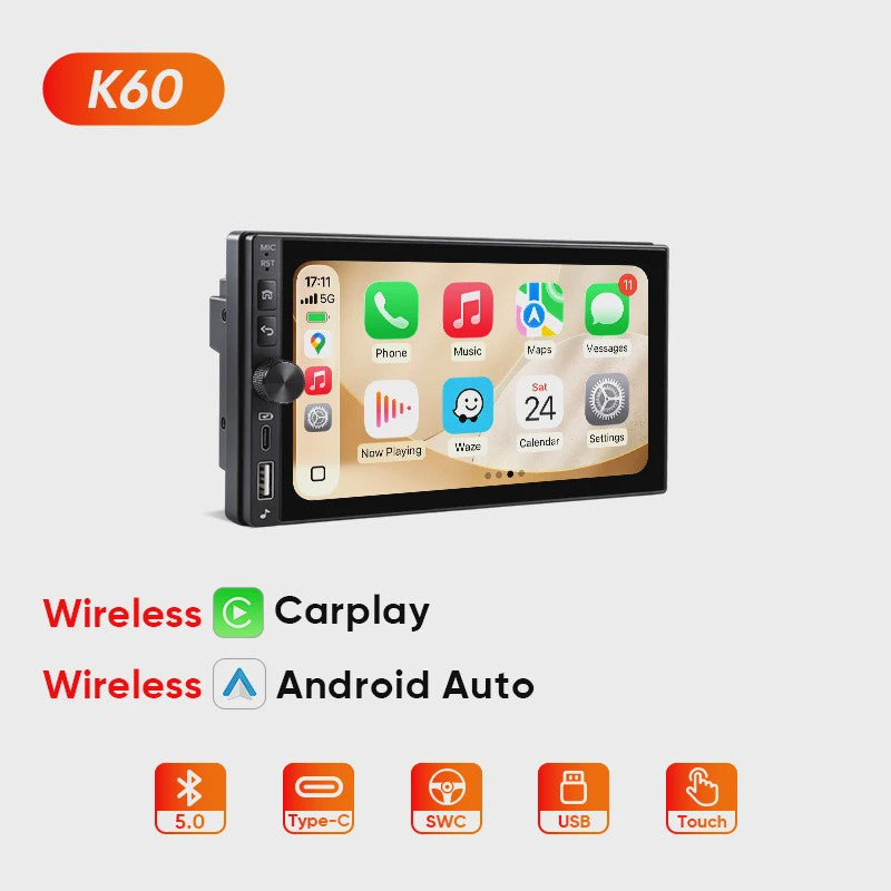 AINAVI K60 7-Inch Universele Autoradio met Draadloze CarPlay & Android Auto, Bluetooth, USB-C
