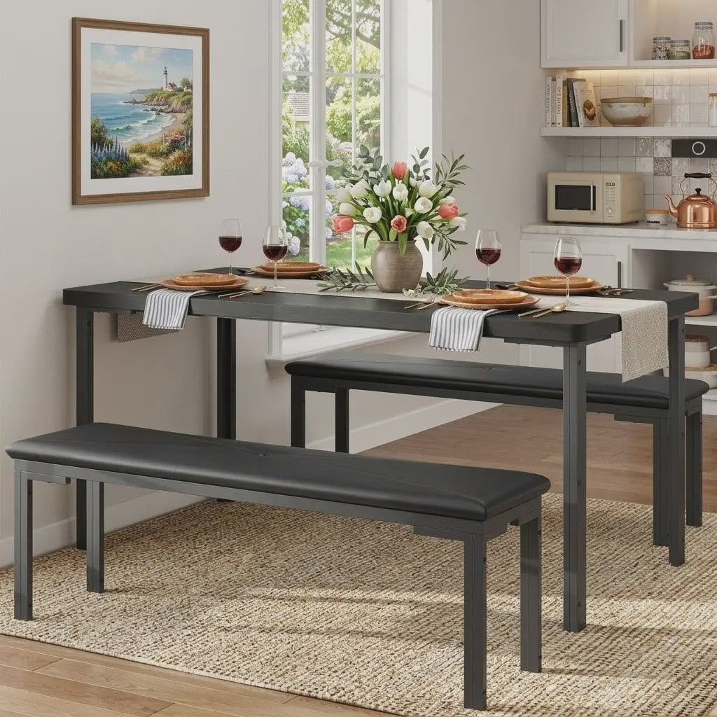 Compacte Eetkamer Set: Tafel met 2 Gestoffeerde Bankjes voor 4 Personen