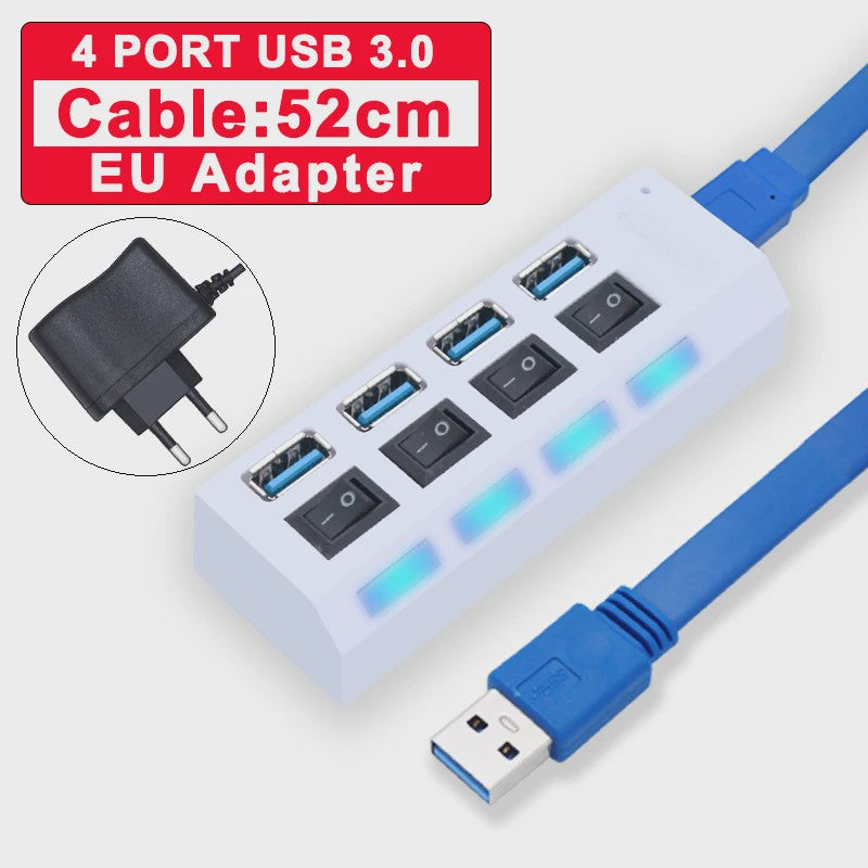 USB Hub 3.0/2.0 met 4 of 7 poorten, individuele schakelaars en LED-indicatoren