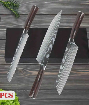 3-delige Keukenmes Set - Damascus Patroon - Hoog Koolstof RVS