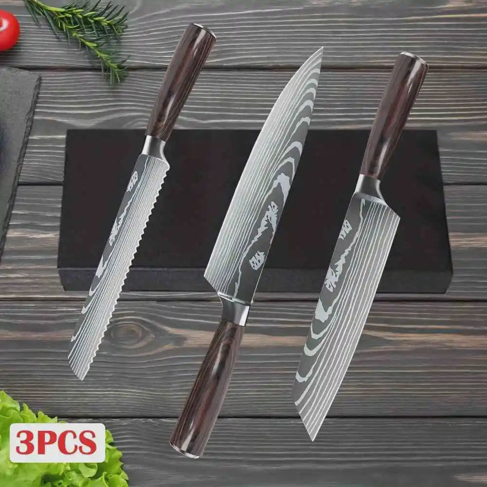3-delige Keukenmes Set - Damascus Patroon - Hoog Koolstof RVS