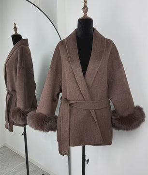 Luxe Dames Woljas met Bontkraag en Riem - Kort & Elegant
