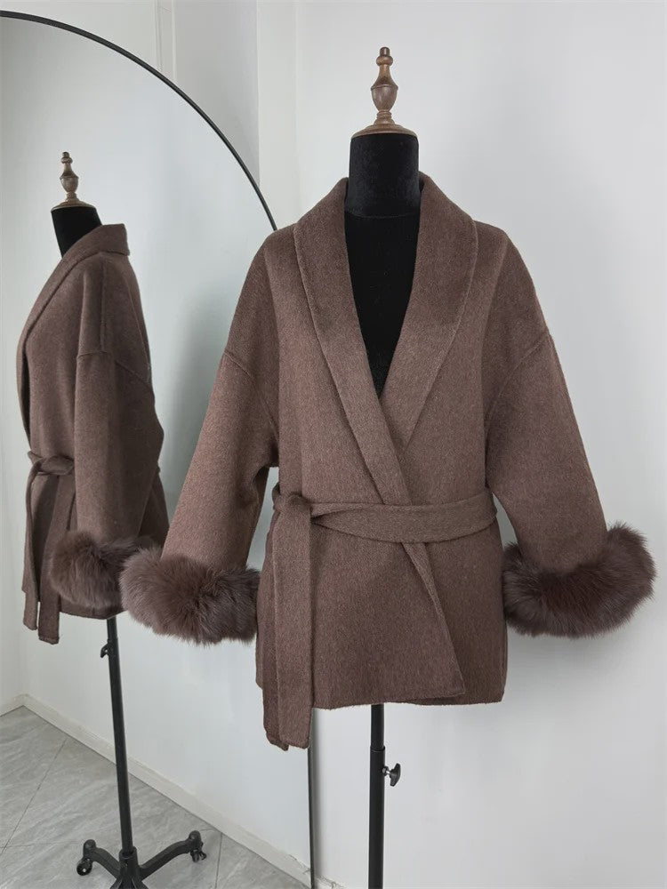 Luxe Dames Woljas met Bontkraag en Riem - Kort & Elegant