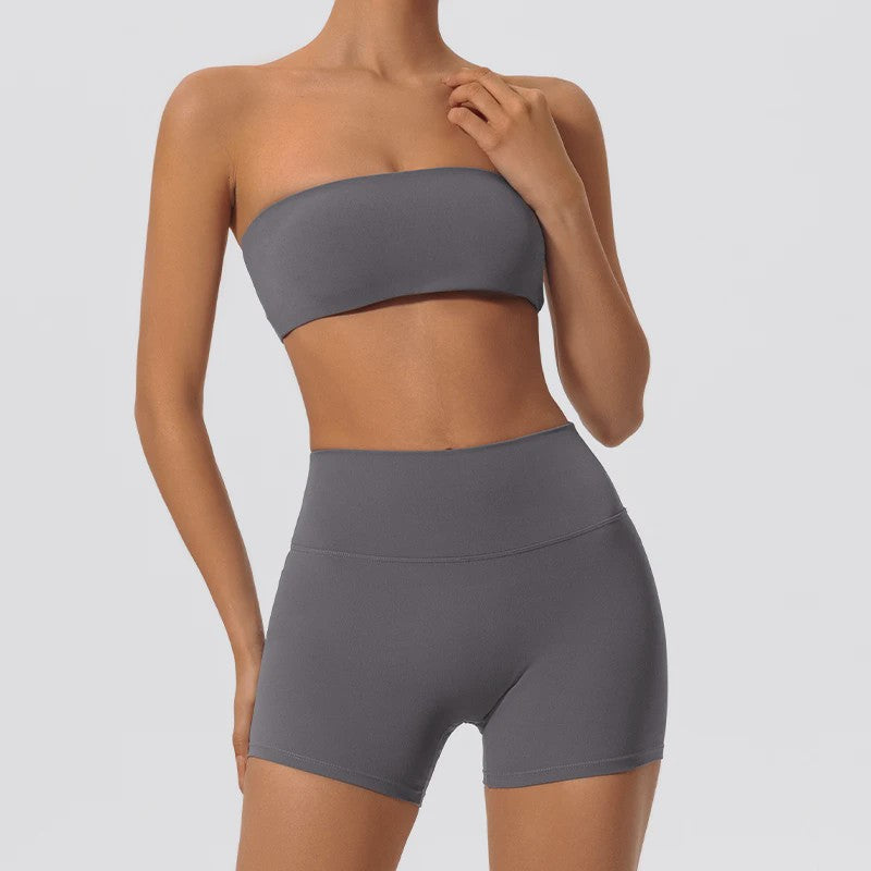 Strapless Sportset Dames: 2-delige Yoga Outfit met Crop Top en Shorts