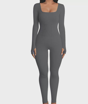 Ribbel Jumpsuit Dames - Naadloos Seamless Sport Bodysuit met Lange Mouwen