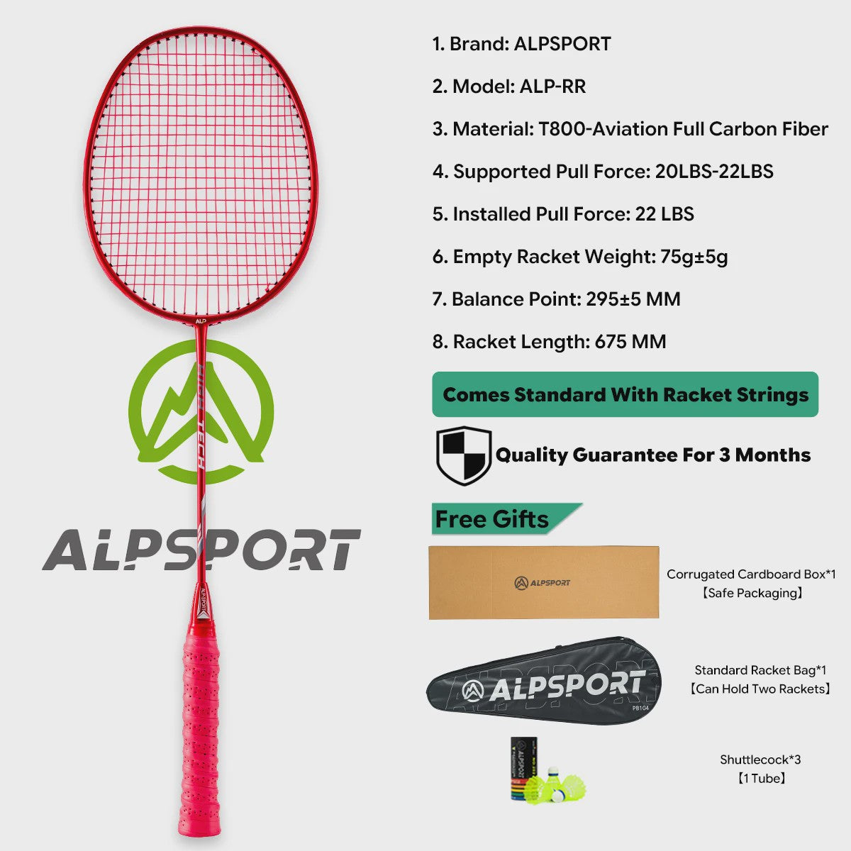 ALPSPORT RR Carbon Fiber Badminton Racket Set (2 stuks) - Offensief, 26LBS, Inclusief Tas & Shuttlecock - Ideaal voor Tieners