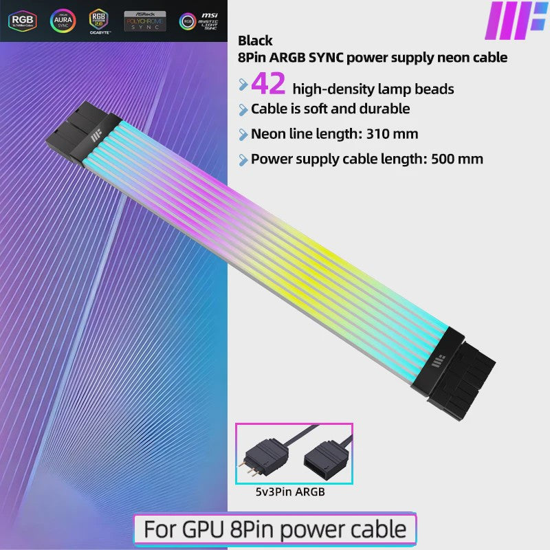 Verlichte ARGB Voedingskabel Extensie voor PC Moederbord & GPU - Sync/Async