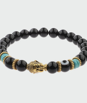 Handgemaakte Buddha & Evil Eye Armband met Turkoois Blauwe Stenen - Elastisch, Yoga Stijl