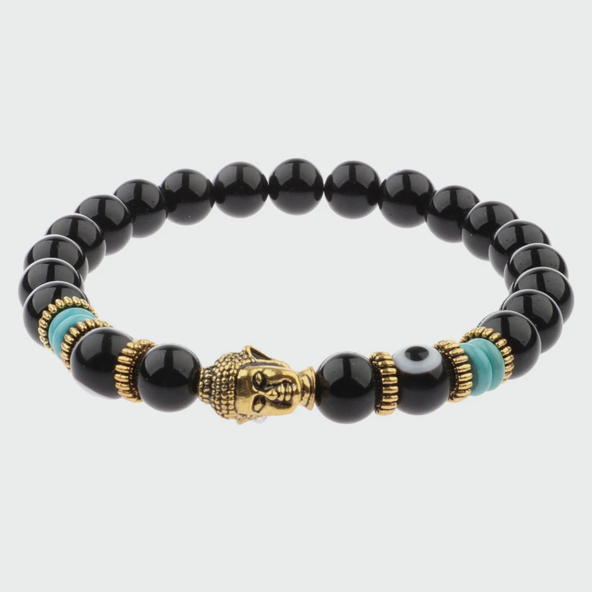 Handgemaakte Buddha & Evil Eye Armband met Turkoois Blauwe Stenen - Elastisch, Yoga Stijl