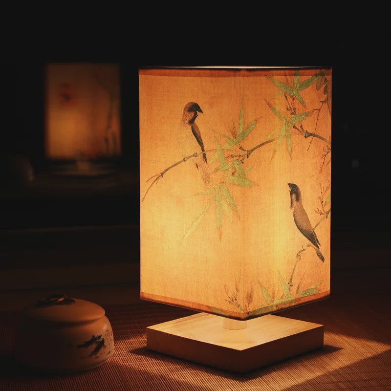 Vintage Houten Tafellamp met Chinees Landschapsschildering - Sfeervolle Decoratie