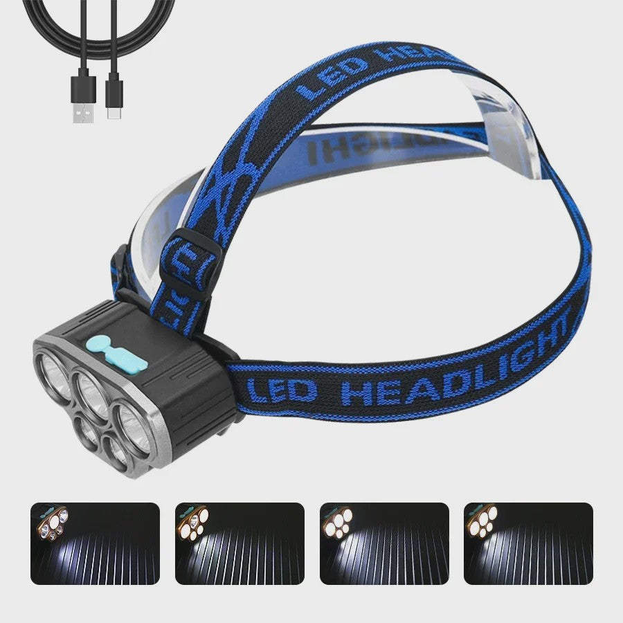 Krachtige 5 LED Hoofdlamp met Ingebouwde Batterij - USB Oplaadbaar voor Buitenactiviteiten