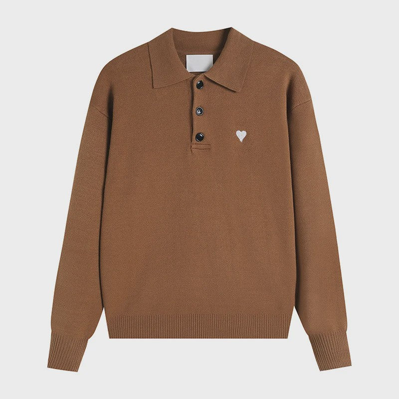 Dames Gebreide Poloshirt met Omvouwbare Kraag en Hartje - Comfortabel & Ademend