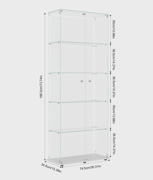 Moderne Witte Glazen Vitrinekast met LED Verlichting, 5 Legborden en 2 Vergrendelbare Deuren - 186x78x34 cm
