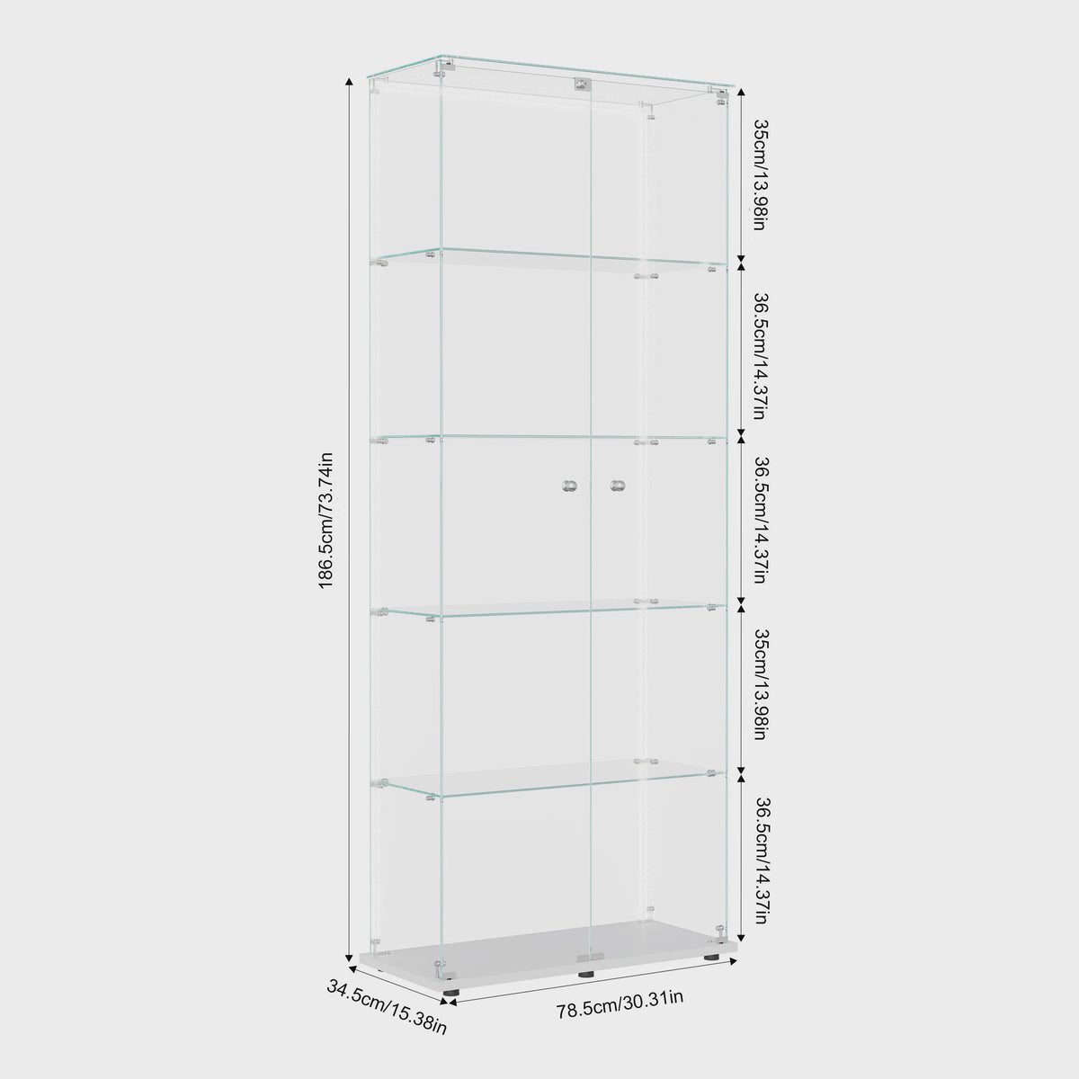 Moderne Witte Glazen Vitrinekast met LED Verlichting, 5 Legborden en 2 Vergrendelbare Deuren - 186x78x34 cm