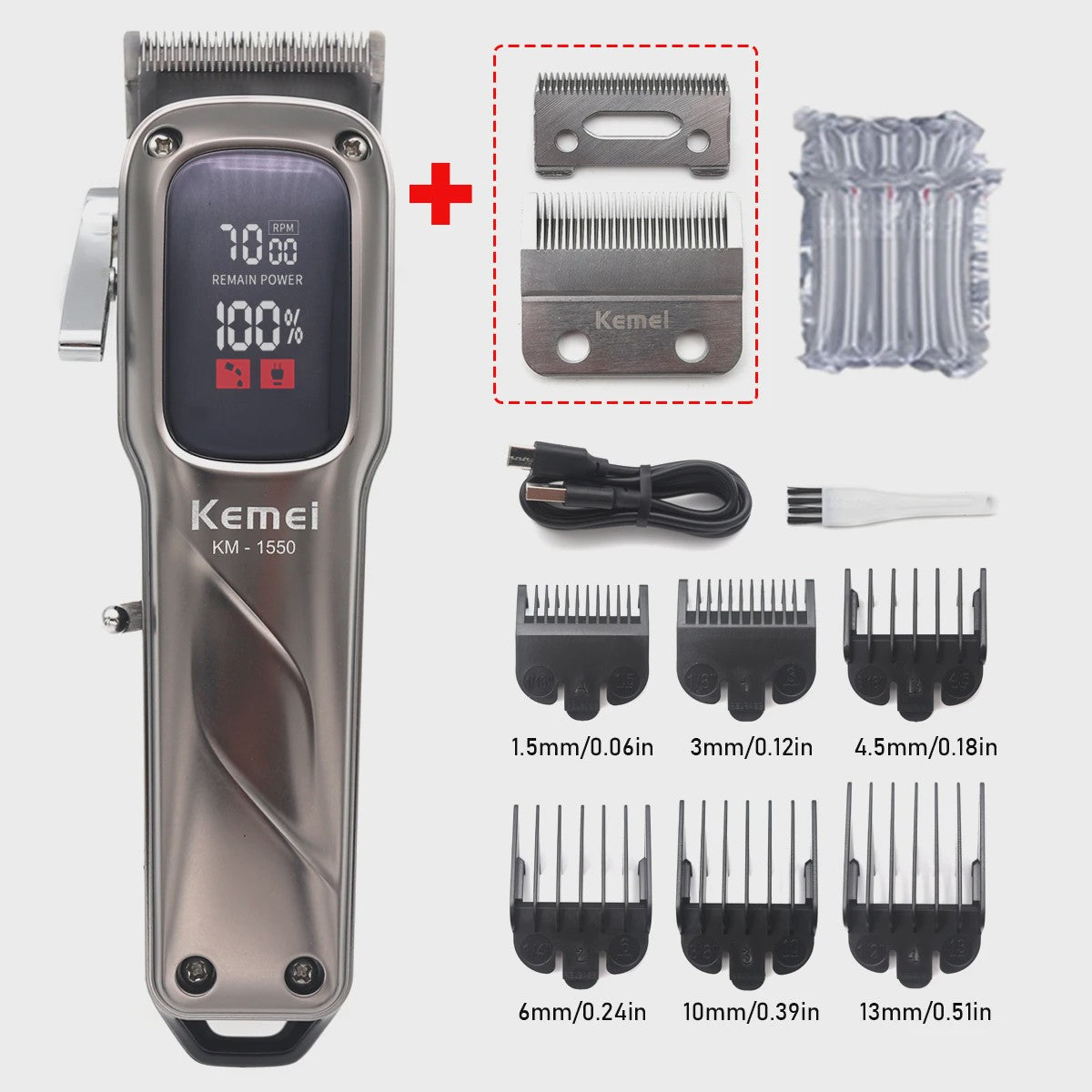 Kemei KM-1550 Professionele Baardtrimmer & Haarklipper voor Mannen - Draadloos, LED Display, USB