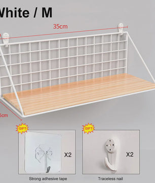 Draadmand Wandplank Set - Zonder Boren - Hout & Metaal - Decoratief & Opbergrek