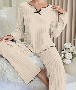 Dames Pyjama Set Ribbel Gebreid met Strikje en Volantrand - Comfortabele Loungewear