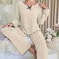 Dames Pyjama Set Ribbel Gebreid met Strikje en Volantrand - Comfortabele Loungewear