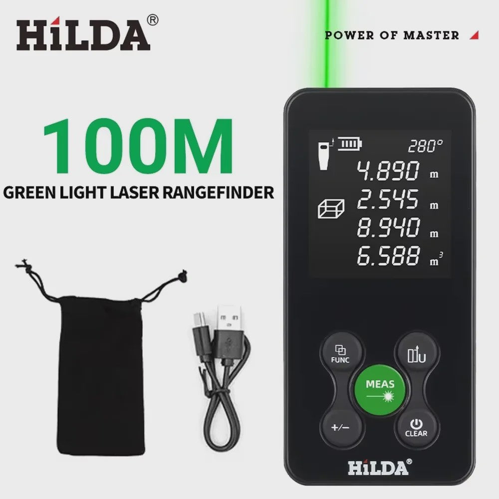 HILDA Laser Afstandsmeter 100M - Oplaadbaar met Hoekmeting en Digitale Meetlint Functie